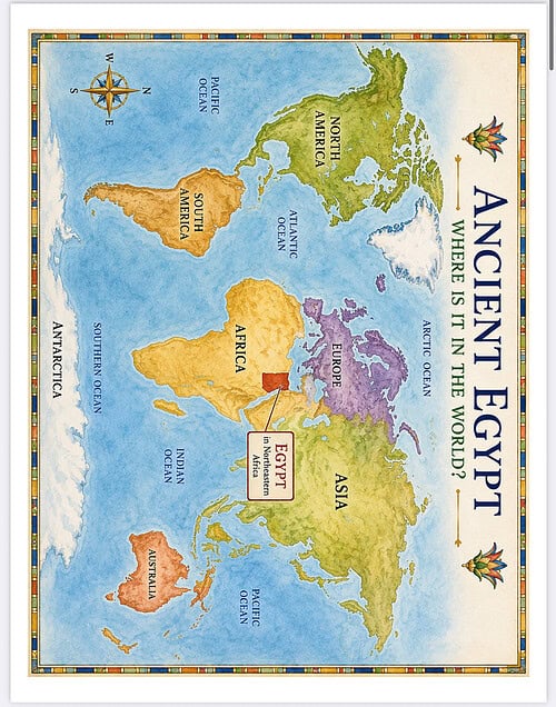 Ancient Egypt map overview Colorful vintage world map showing Africa, Asia, Europe and Egypt labeled in a historical context.