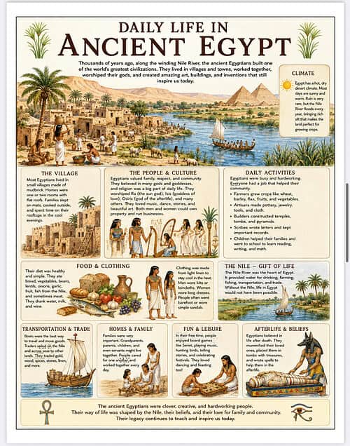 Ancient Egypt Daily Life infographic Illustrated infographic titled Daily Life in Ancient Egypt showing villages, people, Nile, pyramids, boats, and daily activities for educational use.