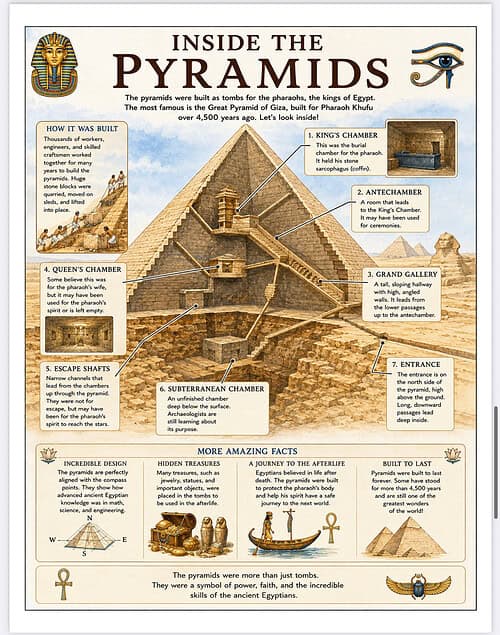 Inside the Pyramids Diagram Inside the pyramids diagram showing the pyramid's chambers and galleries with labels and infographics.