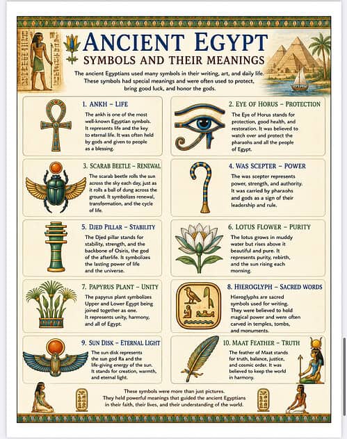Ancient Egypt Symbols Meaning Ancient Egypt symbols and their meanings chart with pyramids and hieroglyphs on a decorative border.