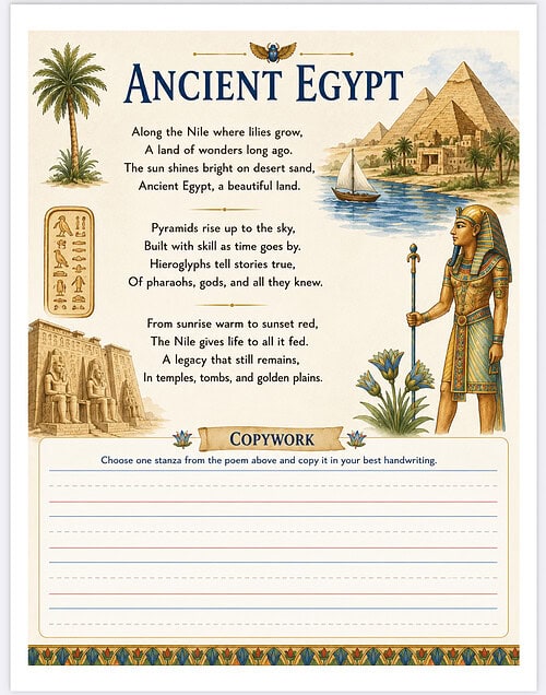 Ancient Egypt educational poster Ancient Egypt poster showing pyramids, Sphinx, palm tree, hieroglyphs, and a pharaoh with a staff, with a poem about Ancient Egypt.