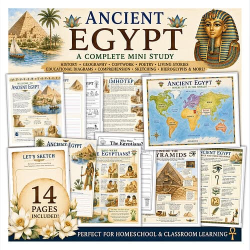 A Complete Mini Study Ancient Egypt educational mini study for homeschool learning with pyramids, hieroglyphs, maps, and Egyptian artifacts.