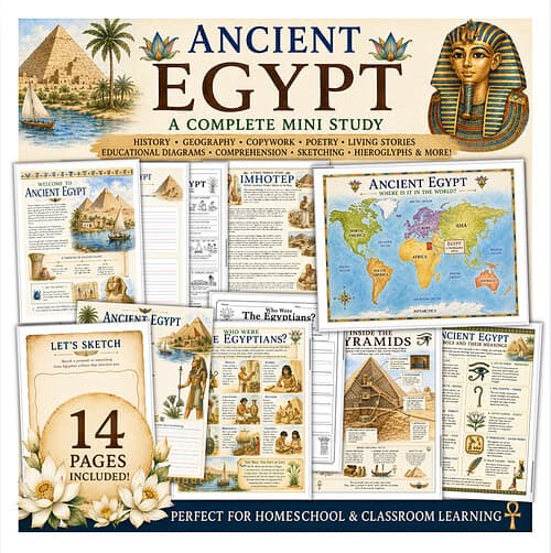 A Complete Mini Study Ancient Egypt educational mini study for homeschool learning with pyramids, hieroglyphs, maps, and Egyptian artifacts.