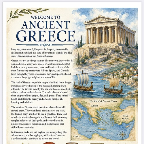 Ancient Greece travel poster featuring Parthenon, sailing ships, and a regional map with decorative borders.