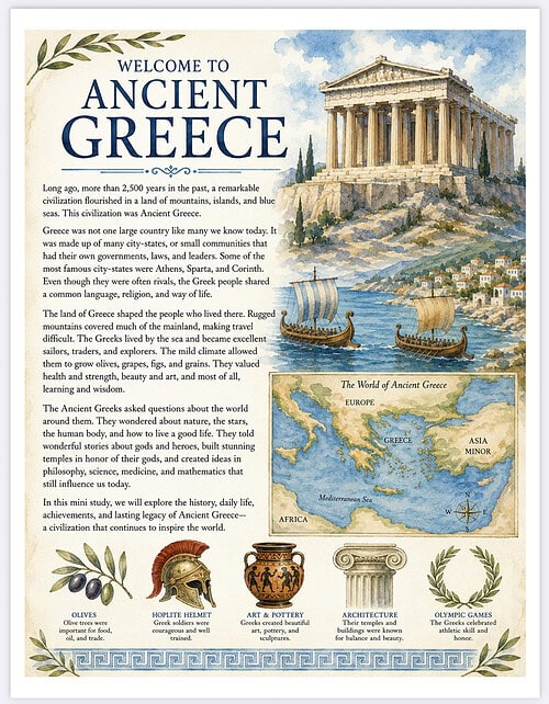 Ancient Greece Poster Ancient Greece travel poster featuring Parthenon, sailing ships, and a regional map with decorative borders.