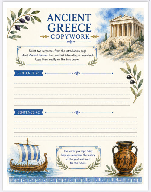 Ancient Greece Copywork Ancient Greece copywork page featuring Greek temple, ship, and olive branches for homeschool writing practice.