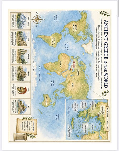 Ancient Greece world map for homeschool Ancient Greece world map illustration with labeled continents and historical regions for educational use.
