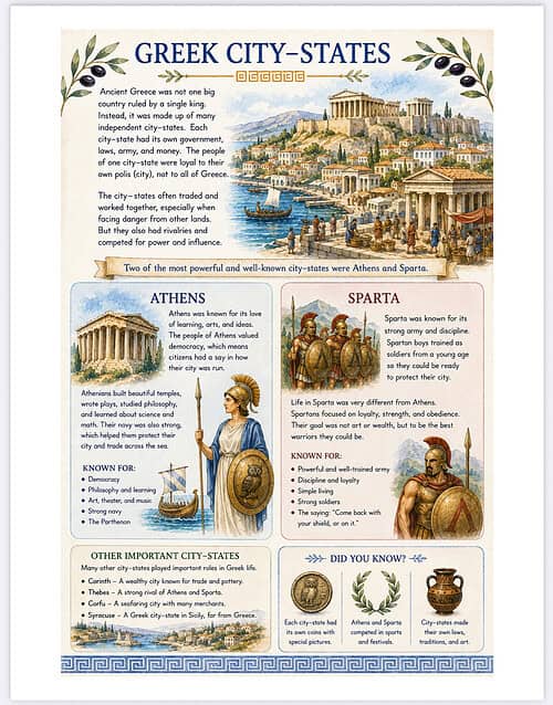 Greek City-States Overview Illustration of ancient Greek city-states Athens and Sparta with ships, temples, and citizens.