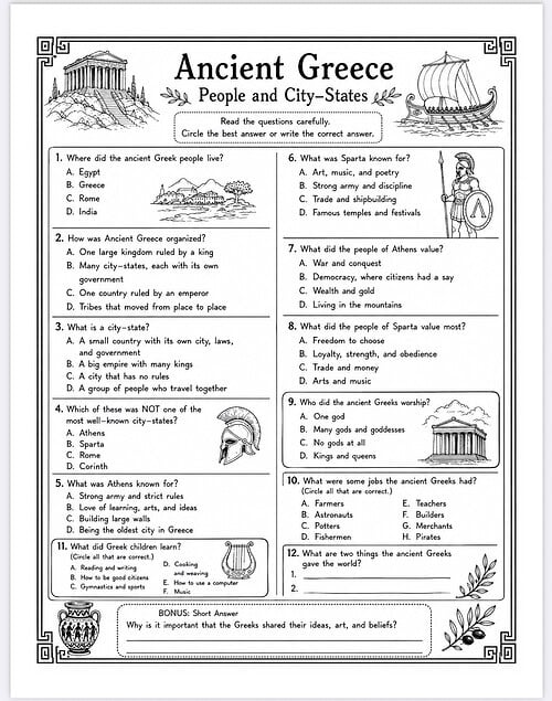 Ancient Greece People and City-States Ancient Greece infographic showing people and city-states with classical imagery including temples, ships, and helmets for educational use.