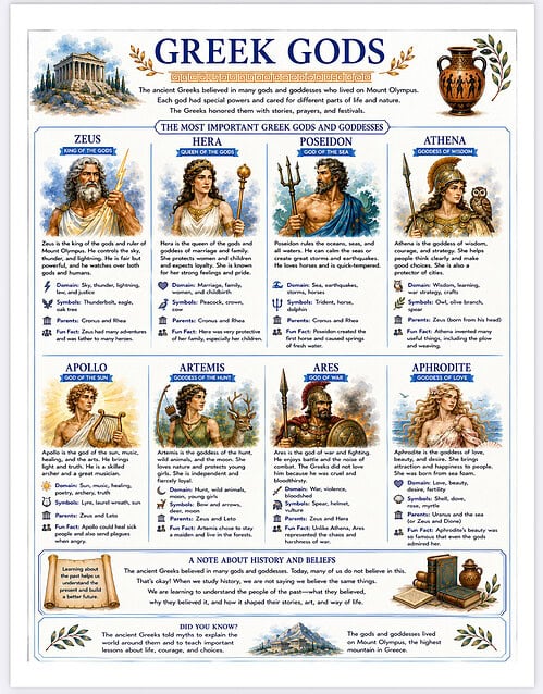 Greek Gods Poster Informational poster depicting Zeus, Hera, Poseidon, Athena, Apollo, Artemis, Ares and Aphrodite with symbols and descriptions.
