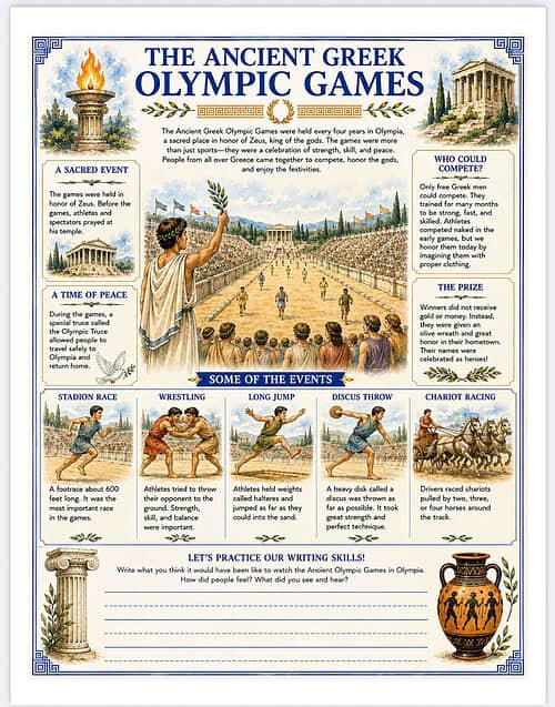 Ancient Greek Olympic Games Illustration of The Ancient Greek Olympic Games with athletes and spectators in a stadium, depicting wrestling, long jump, discus throw, chariot racing and more.
