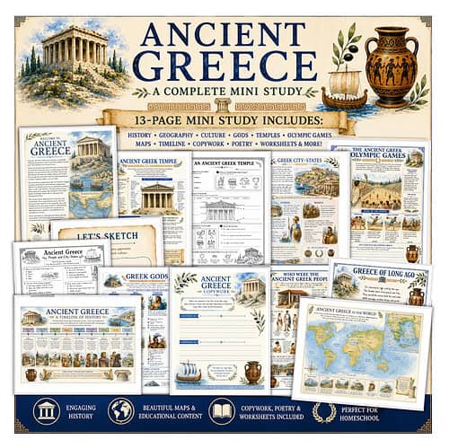 Ancient Greece Mini Study Card Pack Ancient Greece educational resource collage featuring temples, pottery, olive branches and maps for homeschooling.