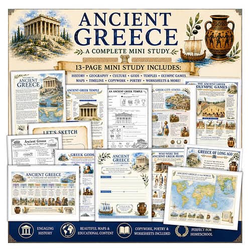 Ancient Greece Mini Study Card Pack Ancient Greece educational resource collage featuring temples, pottery, olive branches and maps for homeschooling.