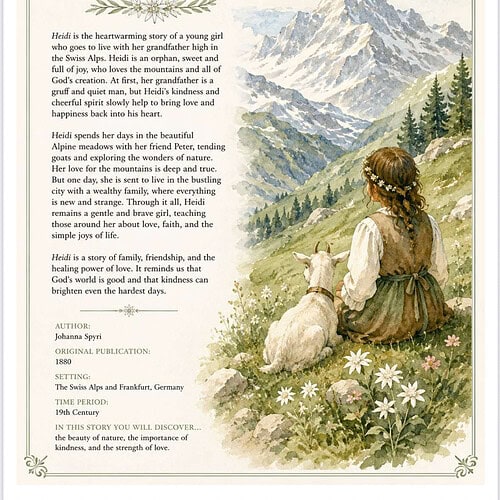 Vintage Heidi book illustration showing a girl in alpine meadow with a dog, mountains in background.