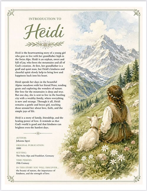 Introduction Poster Vintage Heidi book illustration showing a girl in alpine meadow with a dog, mountains in background.