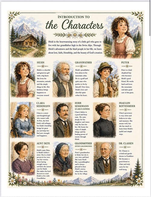 Homeschool Resource Co. Characters Illustrated chart introducing the characters from a Homeschool Resource Co. publication, featuring a rustic cottage scene and a girl in period attire.