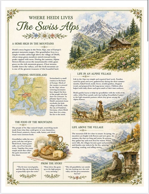 The Swiss Alps infographic Illustration of The Swiss Alps with mountains, a cabin, and surrounding flowers, depicting a scenic alpine landscape.