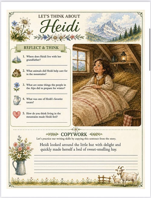 Heidi Poster - Homeschool Resource Co. Heidi scene with child in bed from a vintage book, cozy mountain setting and greenery, ideal for homeschooling resources.