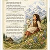 High Among the Alps Illustration of a girl in a dress sitting with a goat in a alpine meadow, mountains in the background, with floral border and poem text titled High Among the Alps.