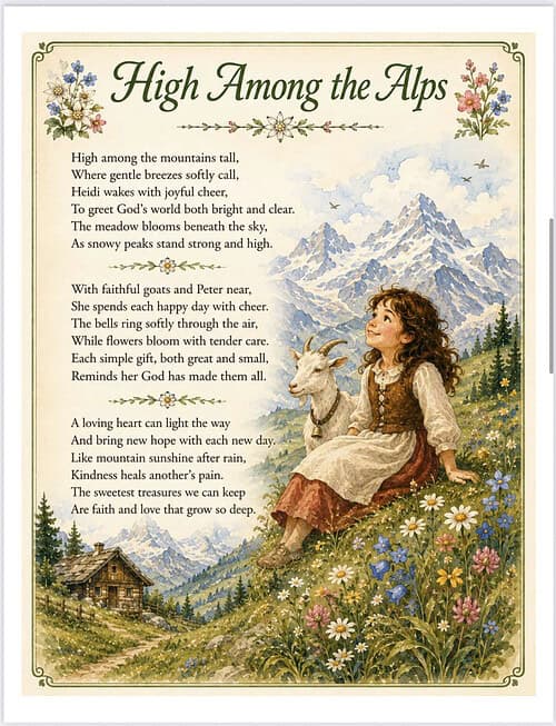 High Among the Alps Illustration of a girl in a dress sitting with a goat in a alpine meadow, mountains in the background, with floral border and poem text titled High Among the Alps.
