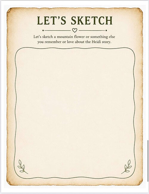 Let's Sketch - Heirloom Page Let's Sketch page for homeschooling resources with a vintage parchment frame and a large blank sketch area, inviting creative notes and memories.