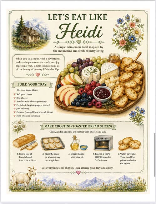 Let's Eat Like Heidi Heritage-inspired rustic Heidi-themed food spread featuring cheeses, breads, fruits, crostini, and a meadow cabin illustration from Homeschool Resource Co.