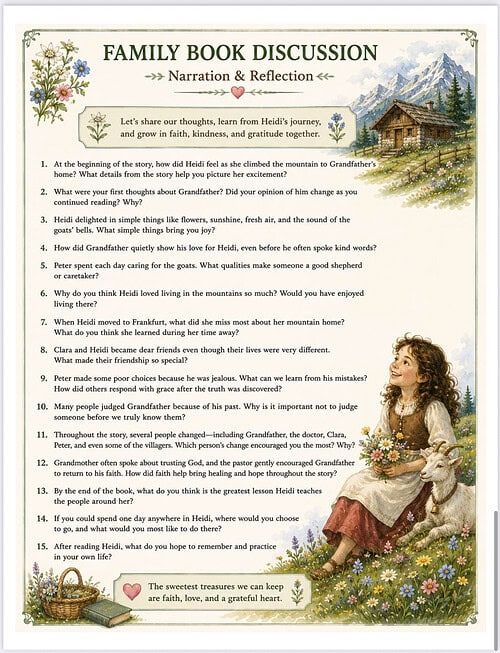 Family Book Discussion - Homeschool Resource Co. Family Book Discussion image showing a cozy mountain cabin scene with a girl reading a book in a meadow, flowers, and a nature backdrop.