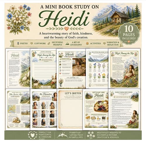 Heidi Mini Book Study Cover A mini book study on Heidi featuring vintage illustration of flowers, mountains, and a log cabin.