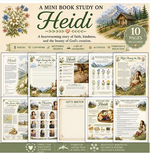 Heidi Mini Book Study Cover A mini book study on Heidi featuring vintage illustration of flowers, mountains, and a log cabin.