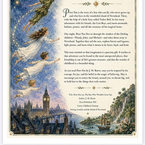 Illustration of Peter Pan flying over London with the moon and stars, a classic classic book cover design for Homeschool Resource Co.