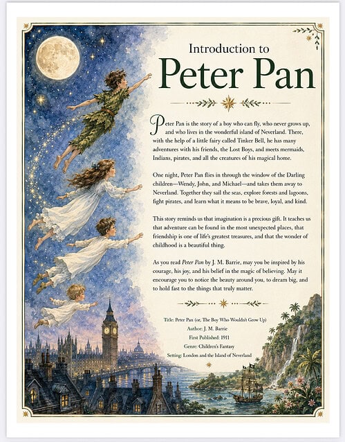 Introduction to Peter Pan Illustration of Peter Pan flying over London with the moon and stars, a classic classic book cover design for Homeschool Resource Co.