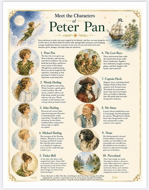 Peter Pan Character Portraits Illustrated collage of Peter Pan characters with descriptions, including Peter Pan, Wendy Darling, Captain Hook, Mr. Smee, and others, from a vintage poster.