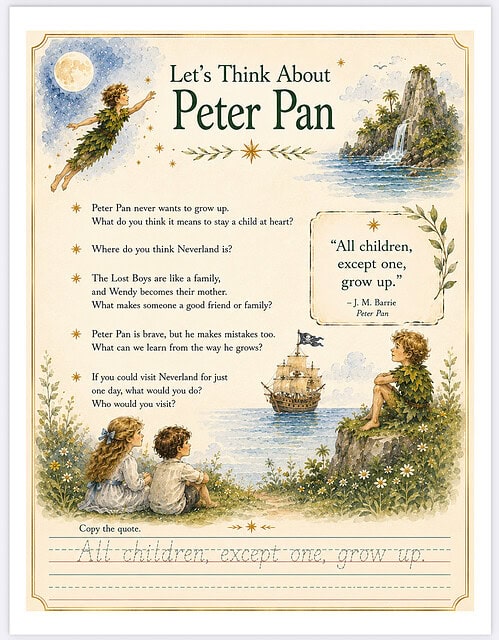 Peter Pan Think Abouts Let’s Think About Peter Pan illustration with children by the sea, a ship, and a moonlit sky, promoting imagination and Neverland exploration.