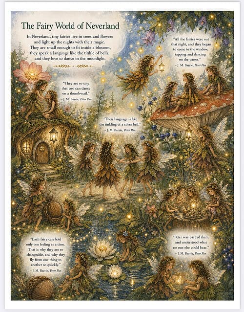 Homeschool Resource Co. Fairy World A whimsical illustration of the Fairy World of Neverland with tiny fairies dancing in a village garden scene illuminated by lanterns, sparkling lights, and a tranquil pond.