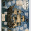 The Joly Roger – Historic Ship Illustration Illustration of a tall-sailed pirate ship at night with moonlight, labeled with callouts on a vintage map-style background.