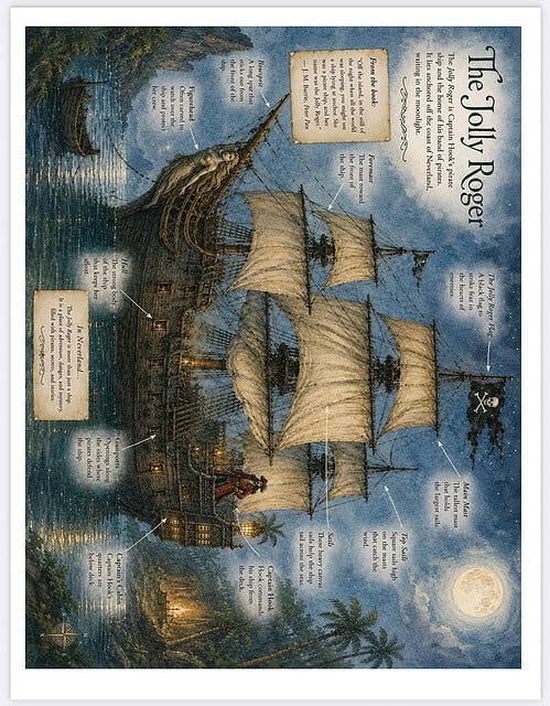 The Joly Roger – Historic Ship Illustration Illustration of a tall-sailed pirate ship at night with moonlight, labeled with callouts on a vintage map-style background.