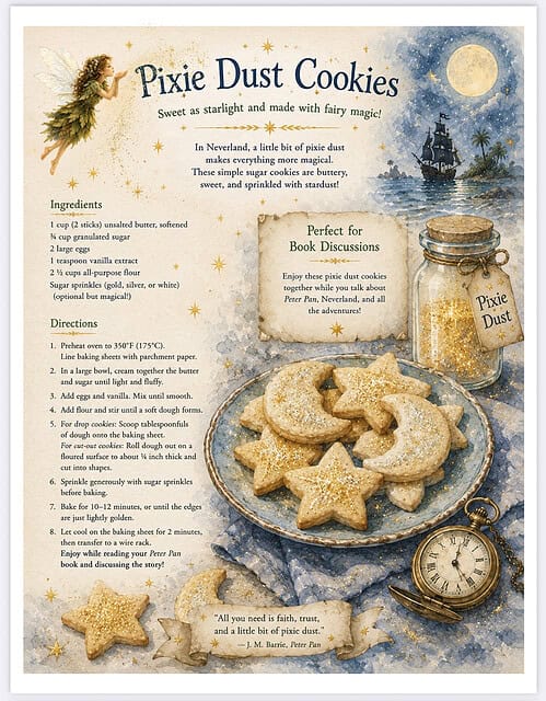 Pixie Dust Cookies Recipe Pixie Dust Cookies recipe sheet featuring star-shaped cookies, a jar labeled Pixie Dust, a nautical backdrop with a moonlit sea, and a vintage compass.