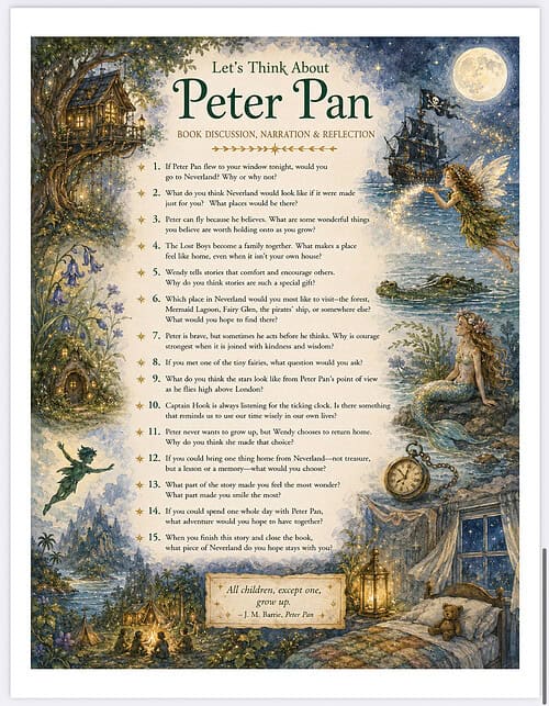Peter Pan Book Art Poster Vintage illustration of Peter Pan scene with moonlit sky, trees, cottage, and a boy on a bicycle beside a clock, capturing whimsy and adventure for homeschool resource visuals.