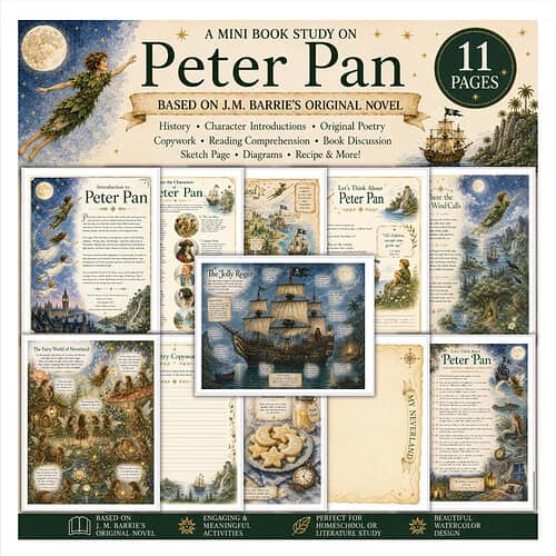 Peter Pan Mini Book Study Cover Homeschool Resource Co. Peter Pan mini book study image collage featuring a ship, maps, and vintage illustrations for engaging children's literature activities.
