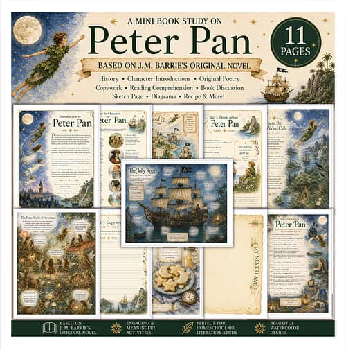 Peter Pan Mini Book Study Cover Homeschool Resource Co. Peter Pan mini book study image collage featuring a ship, maps, and vintage illustrations for engaging children's literature activities.