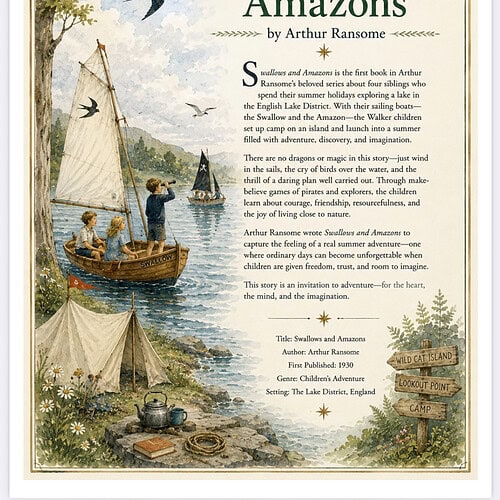 Book cover image for Swallows and Amazons by Arthur Ransome, with sailboats, tents, and a lakeside camp scene.