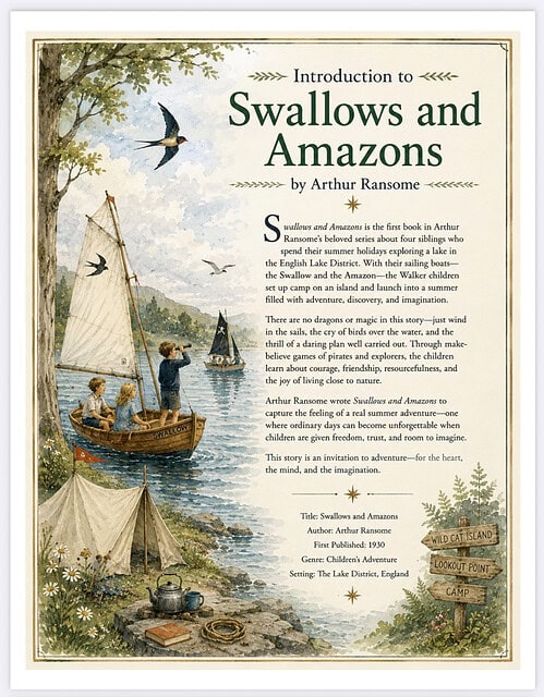 Swallows and Amazons cover Book cover image for Swallows and Amazons by Arthur Ransome, with sailboats, tents, and a lakeside camp scene.