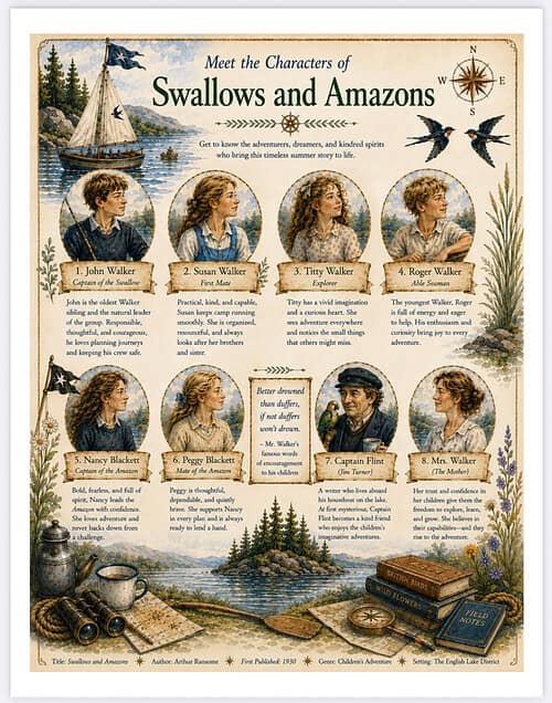 Swallows and Amazons - Cast Overview Illustrated poster featuring John Walker, Susan Walker, Titty Walker, Roger Walker, Nancy Blackett, Peggy Blackett, Captain Flint and the Walker children from Swallows and Amazons with nautical map, a.