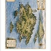 Wild Cat Island Map Illustration Illustrated map of Wild Cat Island featuring labeled landmarks, compass rose, sailing boat, and coastal terrain with blue sea and green trees.