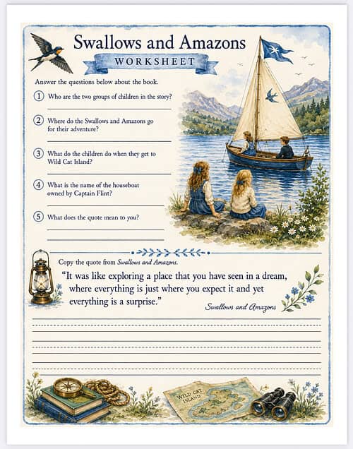 Swallows and Amazons Worksheet Swallows and Amazons worksheet cover featuring a sailboat scene and children by the shore, with a vintage illustration style.