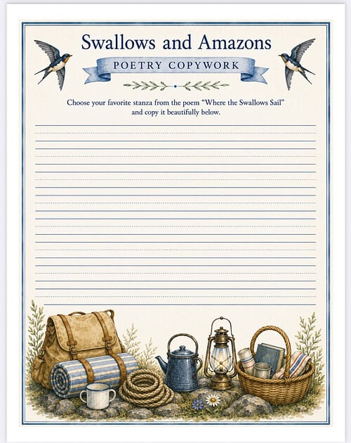 Swallows and Amazons Poetry Copywork Swallows and Amazons poetry copywork page with decorative borders, swallows, and camping gear at the bottom.