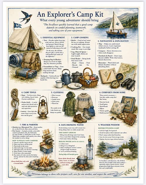 Homeschool Resource Co. Camp Kit An explorer's camp kit infographic with tents, gear, maps, and a campfire scene showcasing essential equipment and tips for homeschooling outdoor learning.