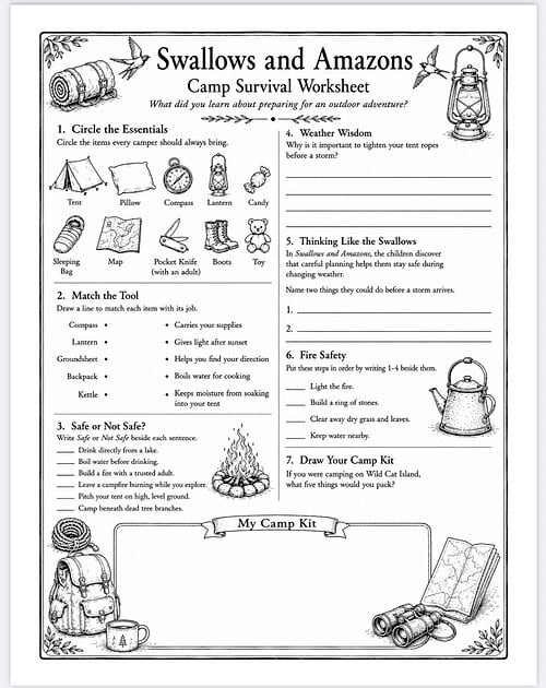 Swallows and Amazons Camp Survival Worksheet Swallows and Amazons camp survival worksheet with illustrations of tent, compass, lantern, map, campfire, and boots for outdoor preparedness.