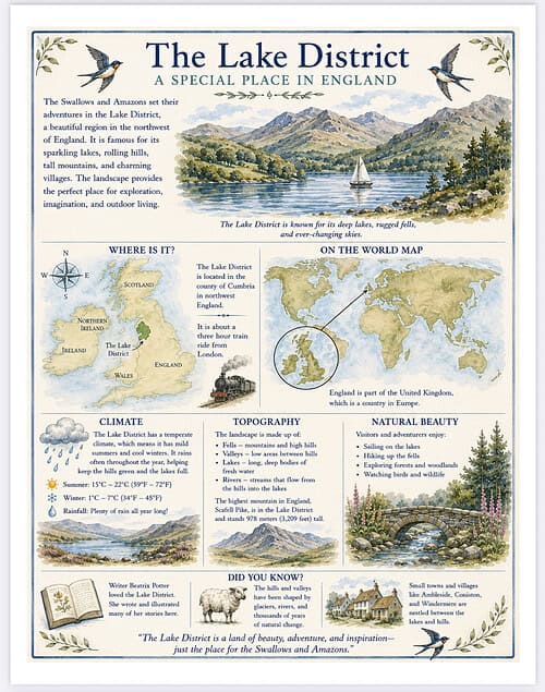 The Lake District Poster The Lake District map poster showcasing a scenic landscape with mountains, lake, boats and birds, highlighting climate, topography, and natural beauty for educational use.