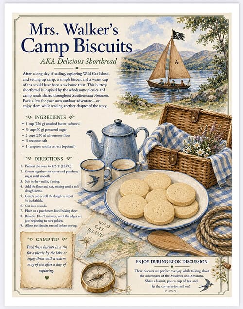 Mrs. Walker’s Camp Biscuits Mrs. Walker’s Camp Biscuits recipe page featuring shortbread and a picnic scene with biscuits, teapot, and wicker basket.